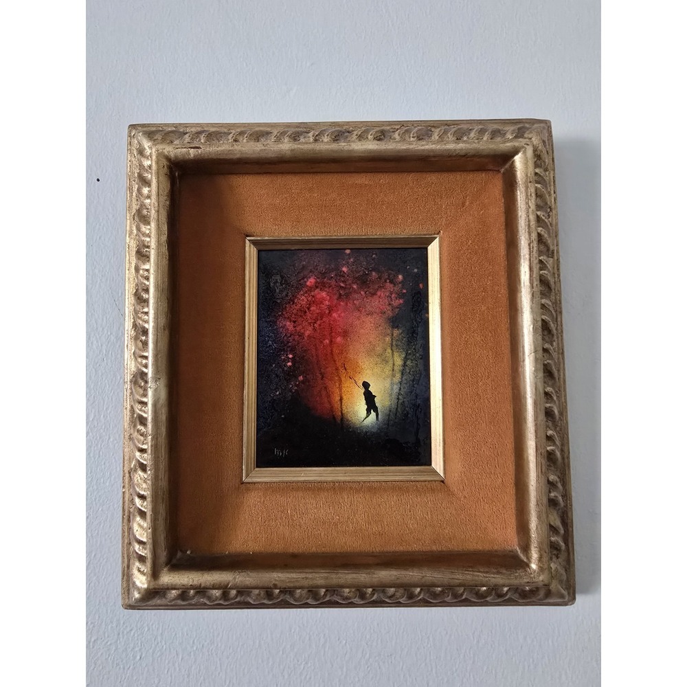 Vintage signed enamel on copper artwork – framed Mid-Century Modern wall art